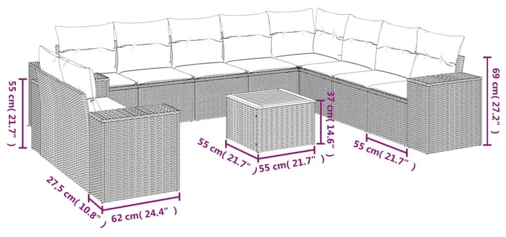 11 részes fekete polyrattan kerti ülőgarnitúra párnákkal