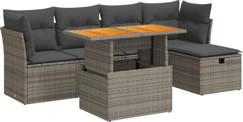 vidaXL 6 részes szürke polyrattan akácfa kerti ülőgarnitúra párnákkal