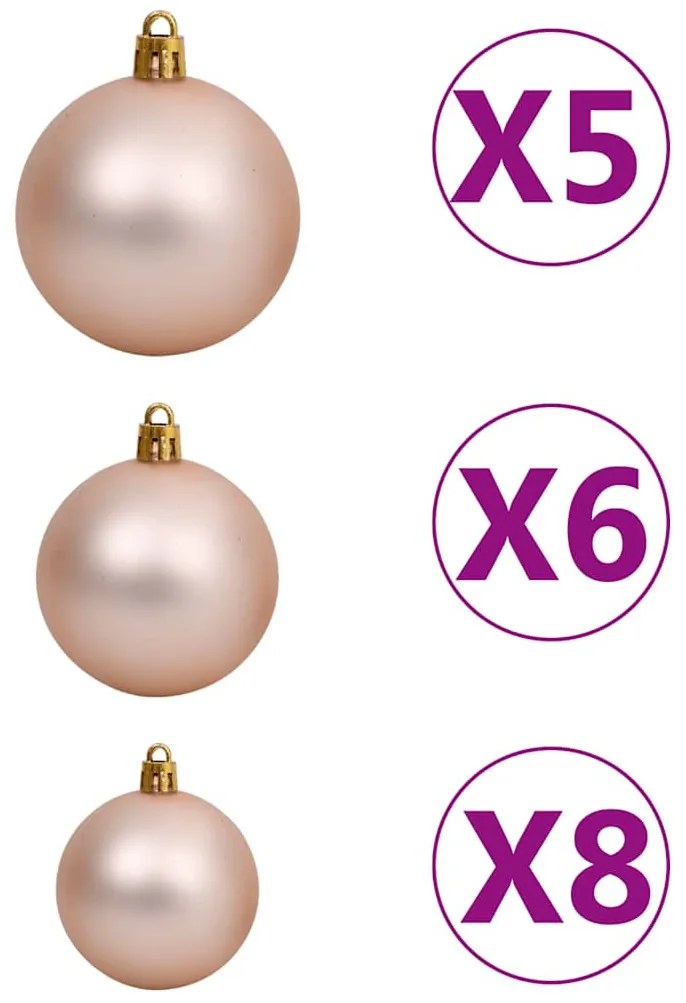 műkarácsonyfa 150 LED-del, gömbszettel és hópehellyel 120 cm