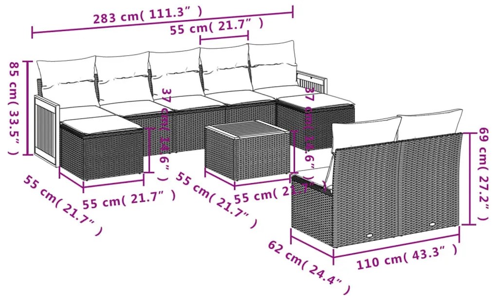 10 részes szürke polyrattan kerti ülőgarnitúra párnákkal