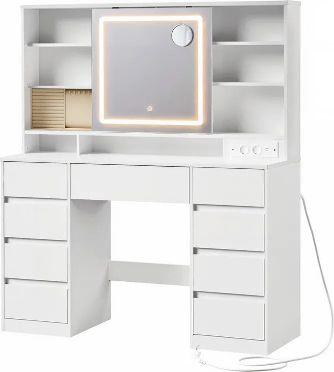 Fésülködő asztal, sminkasztal LED tükörrel és 9 fiókkal, szerszámmentes összeszerelés, Fehér