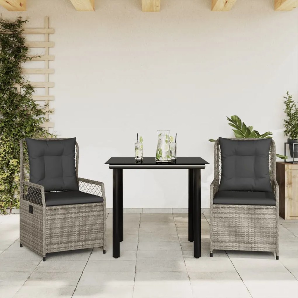3 részes szürke polyrattan kerti étkezőgarnitúra párnával