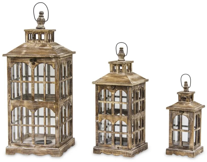 Vintage barna koptatott fa mécsestartó üvegezett lámpás lantern 3db-os szett 80x31 / 59x23 / 42x16cm
