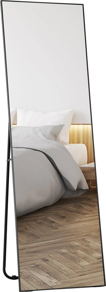 HOMCOM Modern Fényes Álló Tükör, 40x150 cm Téglalap Alakú Falra Szerelhető és Szabadon Álló Tükör Kerettel, Kampókkal és Állvánnyal, Fekete | Aosom