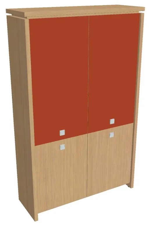 Verno magas szekrény 128 x 46 x 210 cm, kombinált ajtó, világos tölgy / narancs