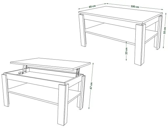 Bővíthető dohányzóasztal emelhető asztallappal és polccal ADEN craft tölgy/fekete