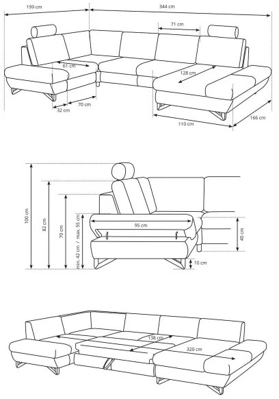 Kinyitható U-alakú kárpitozott sarokgarnitúra tárolóhellyel AVESTA — antracit