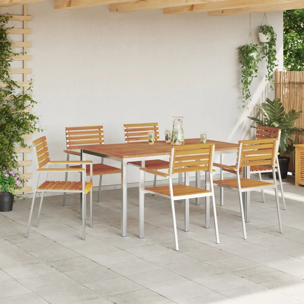 7 Darabos Kerti Étkezőszett Tömör Akácfából, Kültéri Étkezőasztal 150x90x75 cm Tömör Akácfából, Összecsukható Kerti Székek 2 db Tömör Akácfa és Acél, Összecsukható Kerti Székek 4 db Tömör Akácfa és Acél