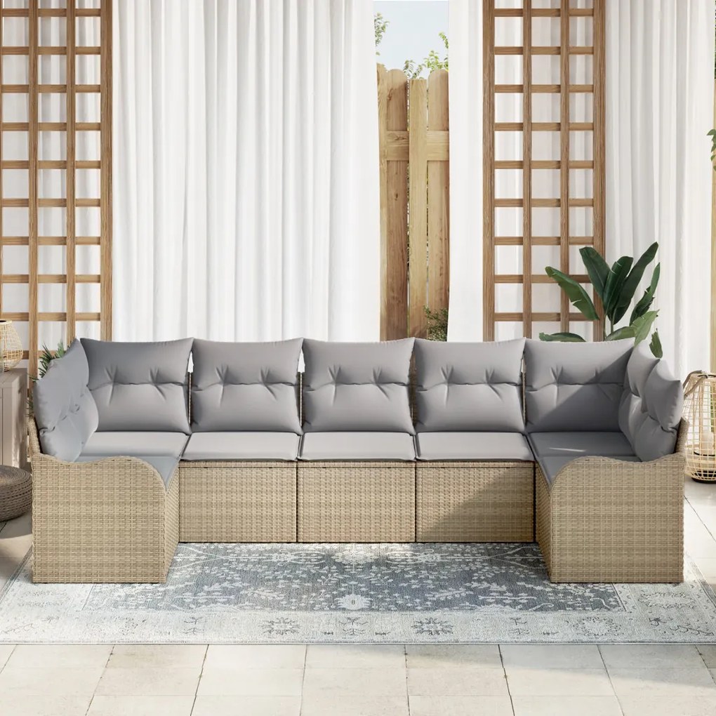 7 darabos Kerti Sofa Szett Párnákkal Bézs Poly Rattan