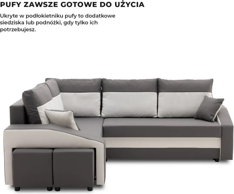 Grande sarokkanapé polcokkal és puffokkal , polc a jobb karfaban puffok a bal karfaban, baloldali, szövet anyag, hab töltet, szürke - fehér