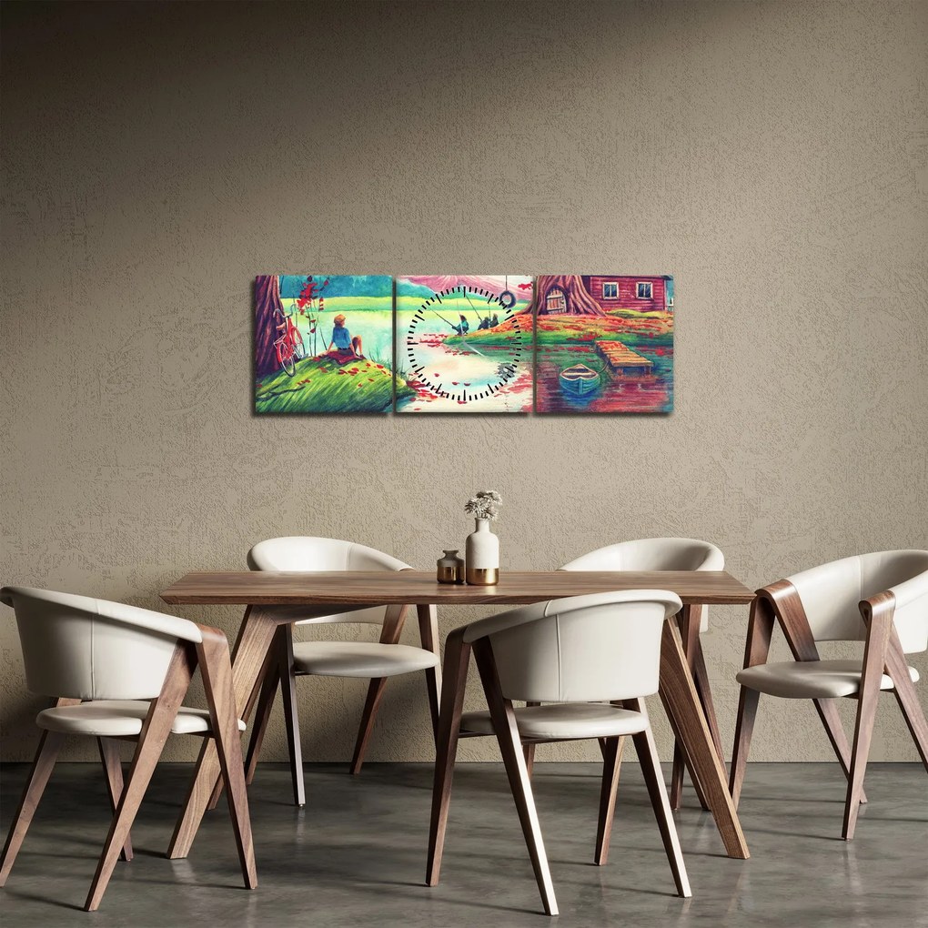 Kép - akvarell, Öböl egy hegyi faluban (órával) (90x30 cm)