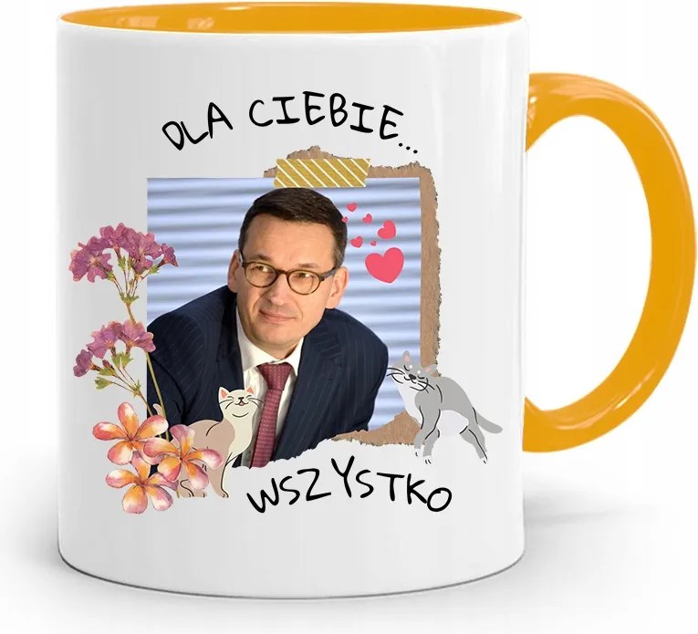 Sárga Politikus Bögre Mateusz Morawiecki Miniszterelnök fényképes nyomtatással