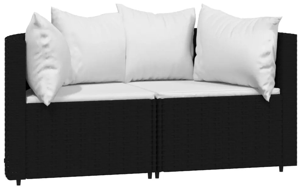 2 db fekete polyrattan kerti sarokkanapé párnákkal