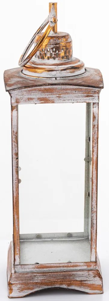 Vintage koptatott barna-krém üvegezett fém mécsestartó lantern lámpás akasztóval 66x19x19cm