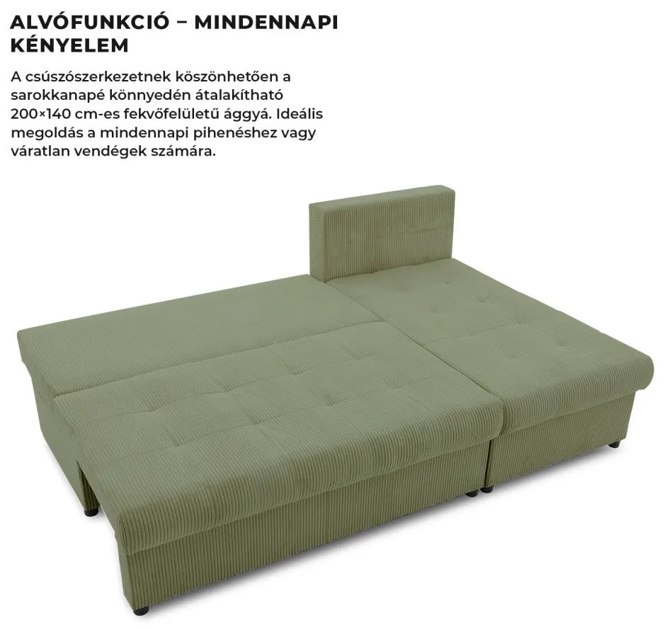 Venezia sarokkanapé, kordbársony, univerzális oldal, hab töltet, zöld