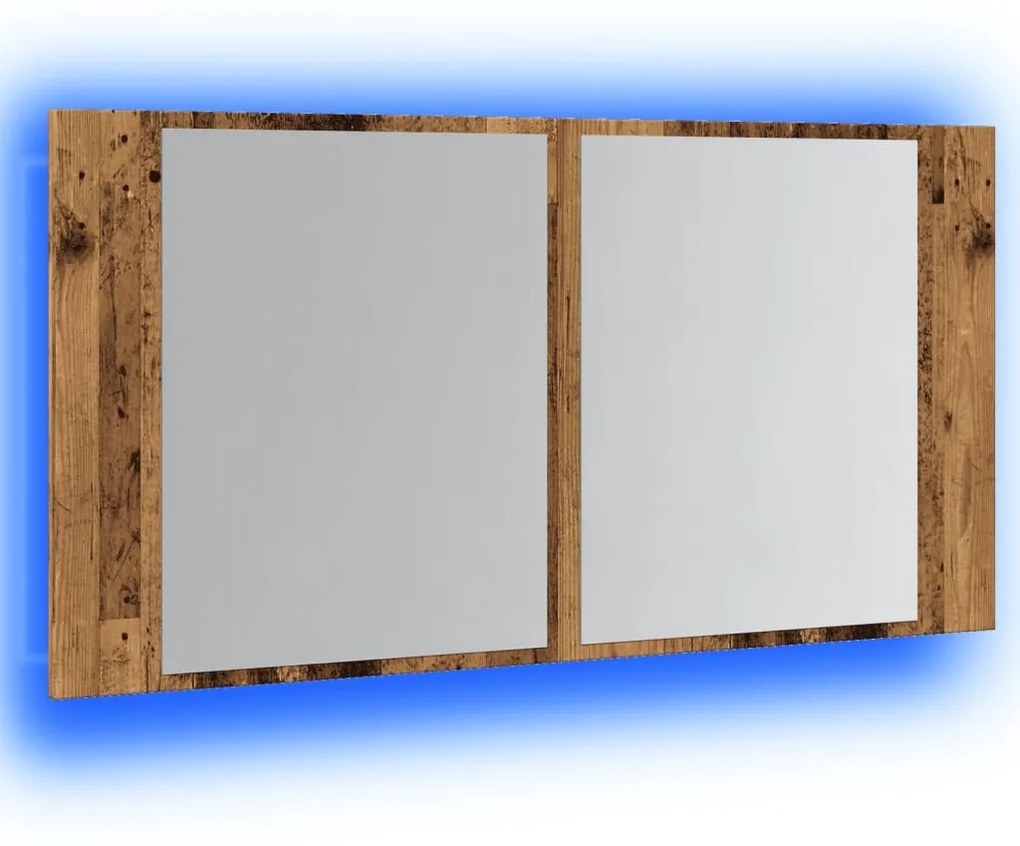 antik fa színű szerelt fa tükrösszekrény LED-del 90x12x45 cm