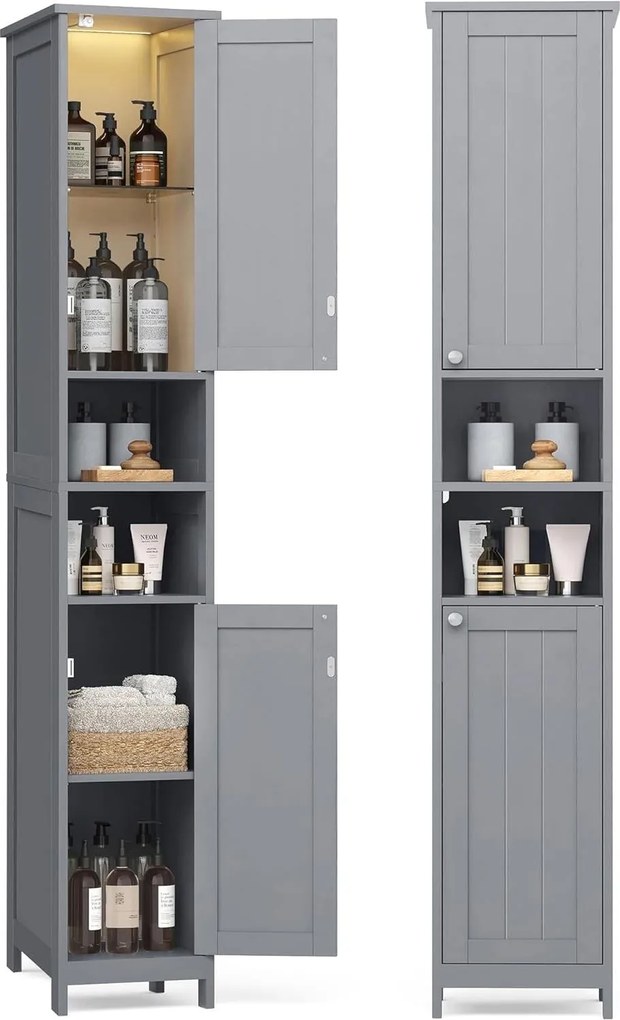 VASAGLE fürdőszobaszekrény világítással 30x30x170 cm, szürke