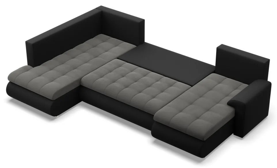 Tokio U sarokkanapé, 3 ágyneműtartóval, bársony + műbőr, baloldali, szürke - fekete