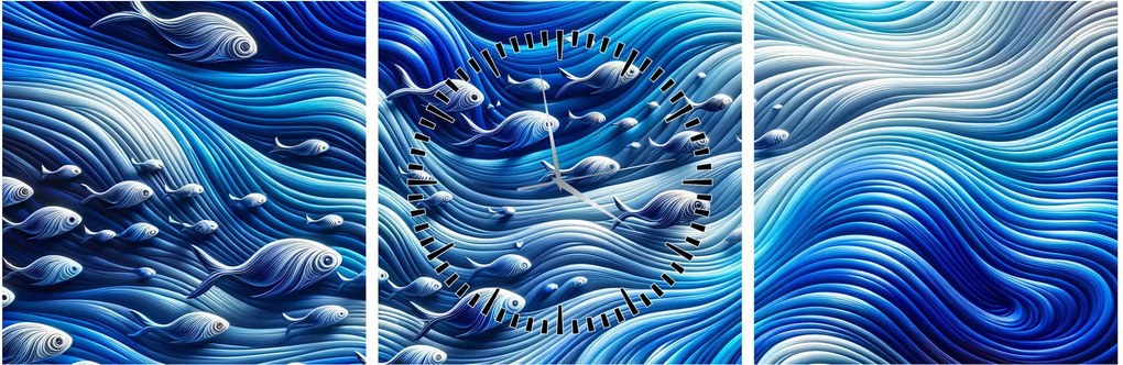 Kép – Halak a hullámokban (órával) (90x30 cm)