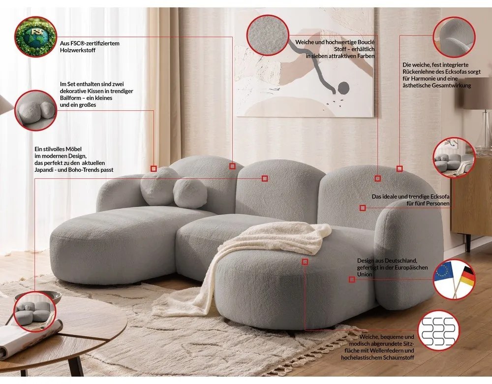 Szürke buklé sarokkanapé (U alakú) Orbit – Ropez