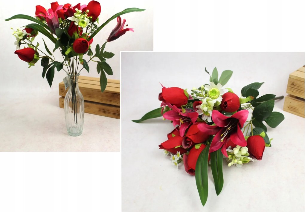 Műcsokor rózsa, liliom 49cm piros