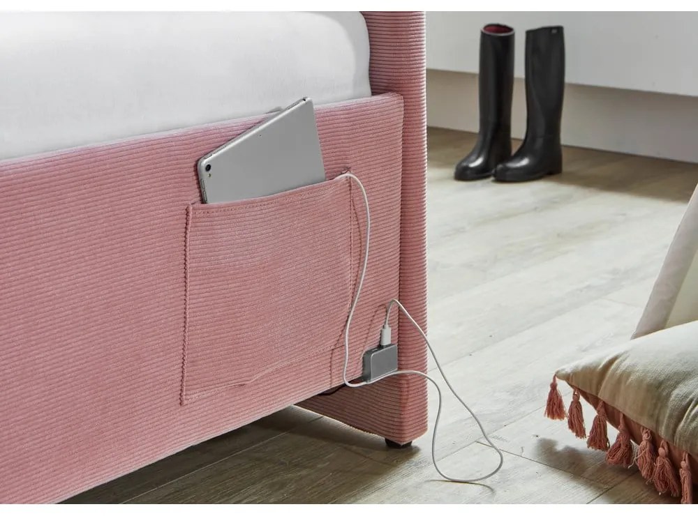 Rózsaszín kárpitozott ágyneműtartós sarok gyerekágy ágyráccsal 90x200 cm Cool – Meise Möbel