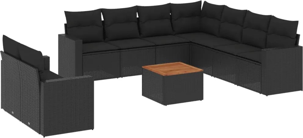vidaXL 10 részes fekete polyrattan kerti ülőgarnitúra párnákkal