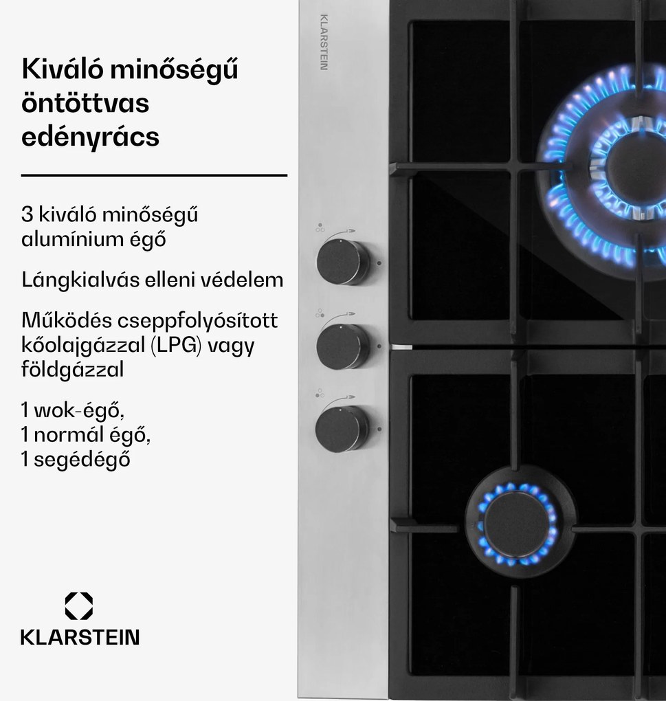Klarstein Alchemist, gázfőzőlap, 3 alumínium égő, üvegkerámia