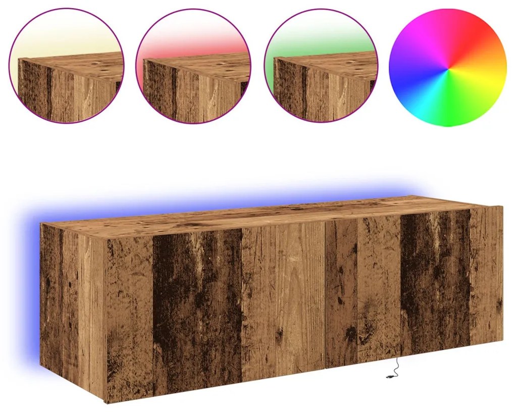 TV fali szekrény LED lámpákkal, régi fa 100x35x31 cm