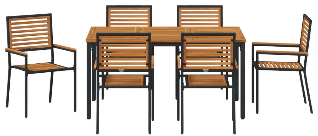 7 darabos kerti étkezőszett Fekete Polyrattan Akác, Egymásra rakható kerti székek párnákkal 2 db Fekete Polyrattan, Kerti asztal 150x90x75 cm Masszív Akácfa és Fém