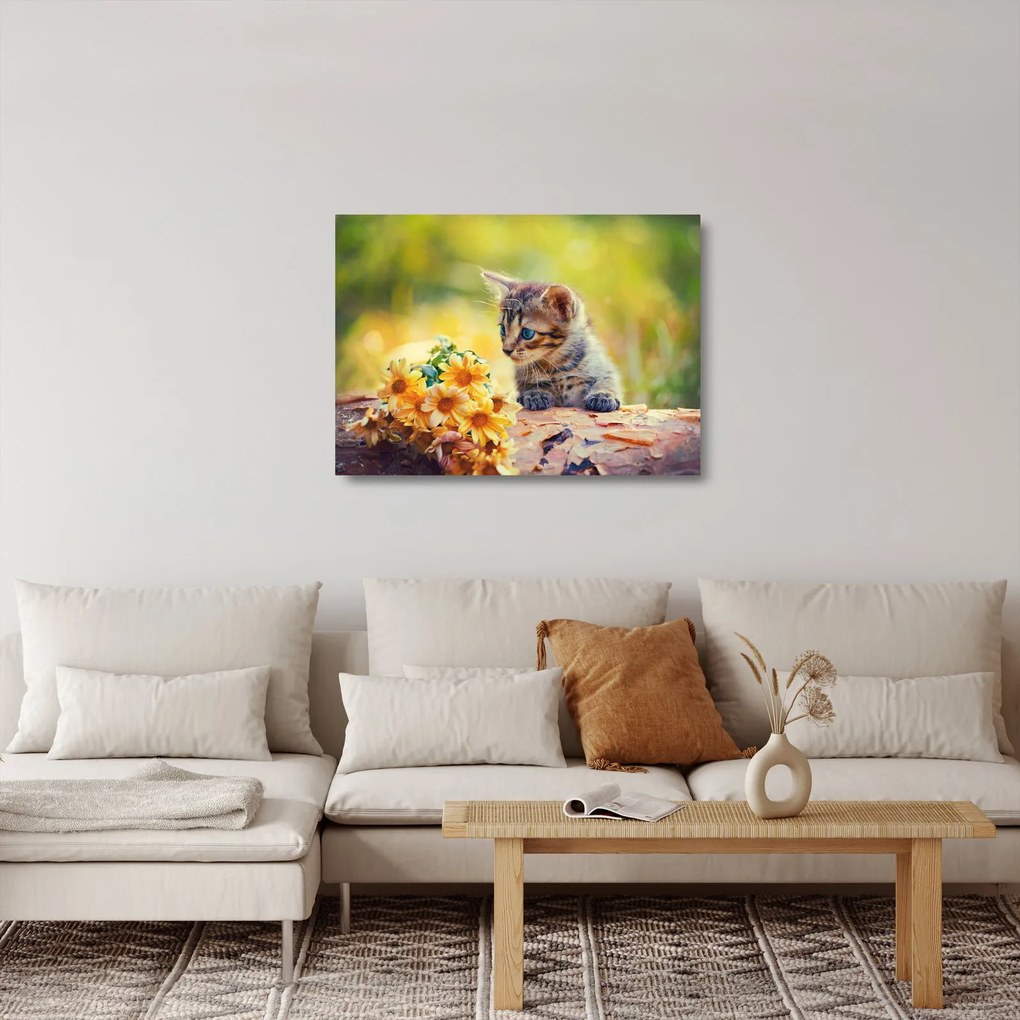 Macska képe ahogy a virágot nézi (üvegen) (70x50 cm)