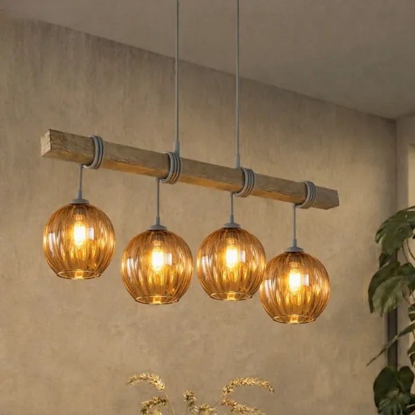 BRILAGI - Kábeles csillár WOOD GLASS 4xE27/60W/230V fenyő/szürke/füstös barna