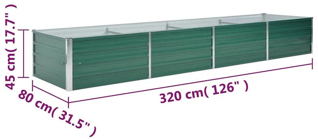 zöld horganyzott acél kerti magaságyás 320 x 80 x 45 cm