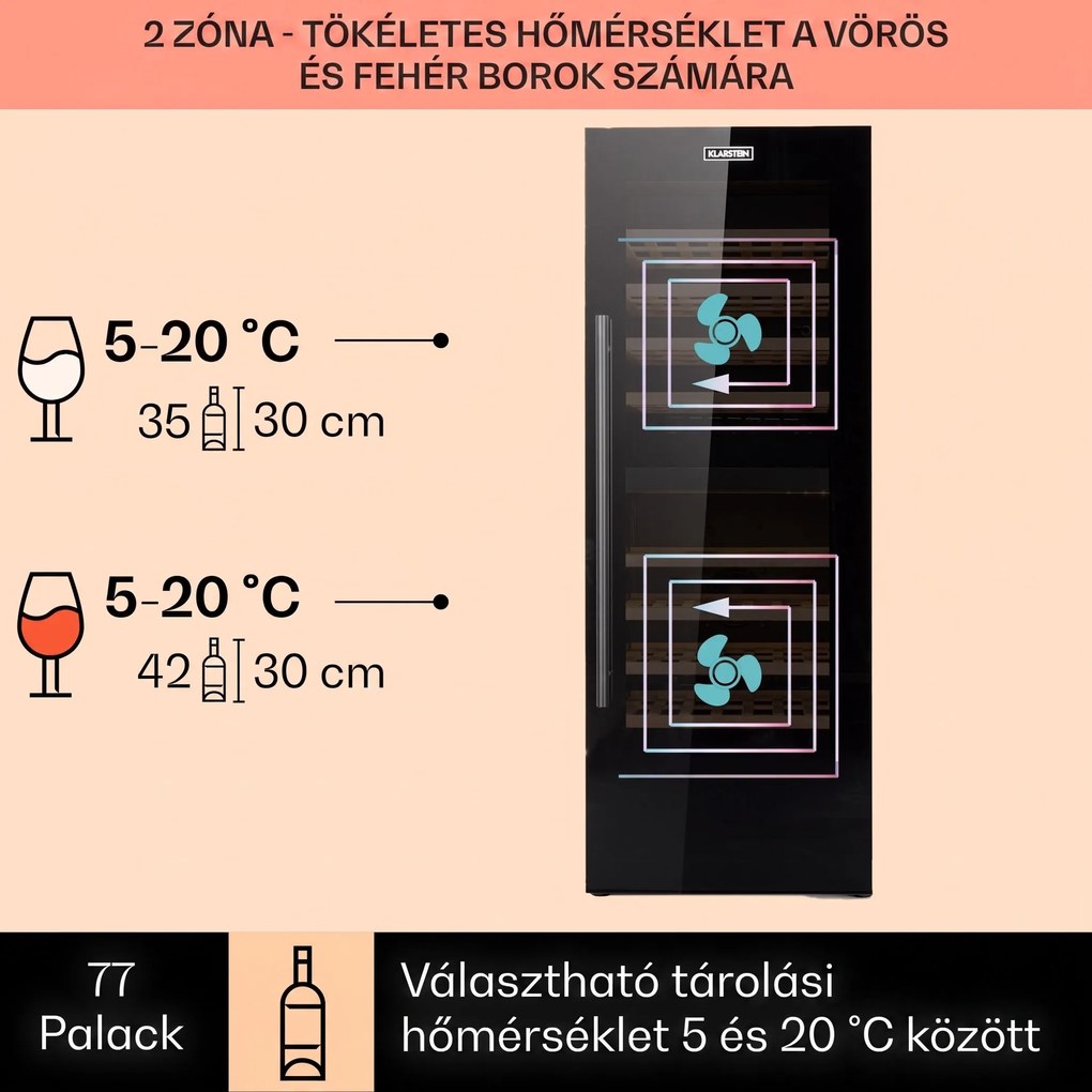Klarstein Barossa 77 Duo, borhűtő,191 liter, 2 zóna, 77 palack, érintőképernyős, LED, fekete