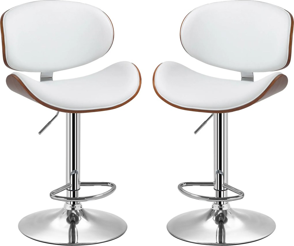 HOMCOM 2 db bárszék készlet szintetikus bőr háttámlával, állítható magasságú, forgatható lábtartóval, fehér színben | Aosom