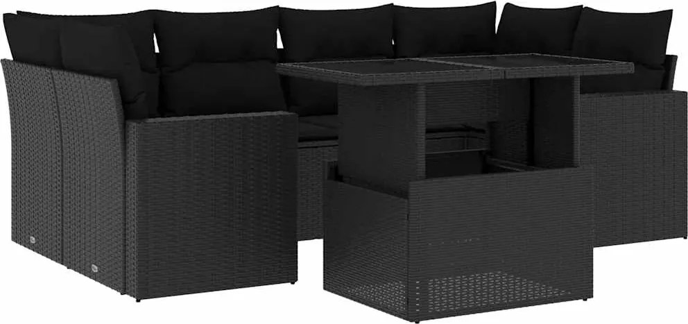vidaXL 7 részes fekete polyrattan kerti ülőgarnitúra párnával
