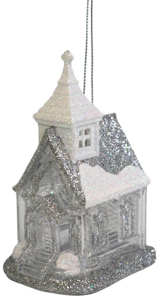 Ezüst felfüggeszthető karácsonyfadísz templom 11cm