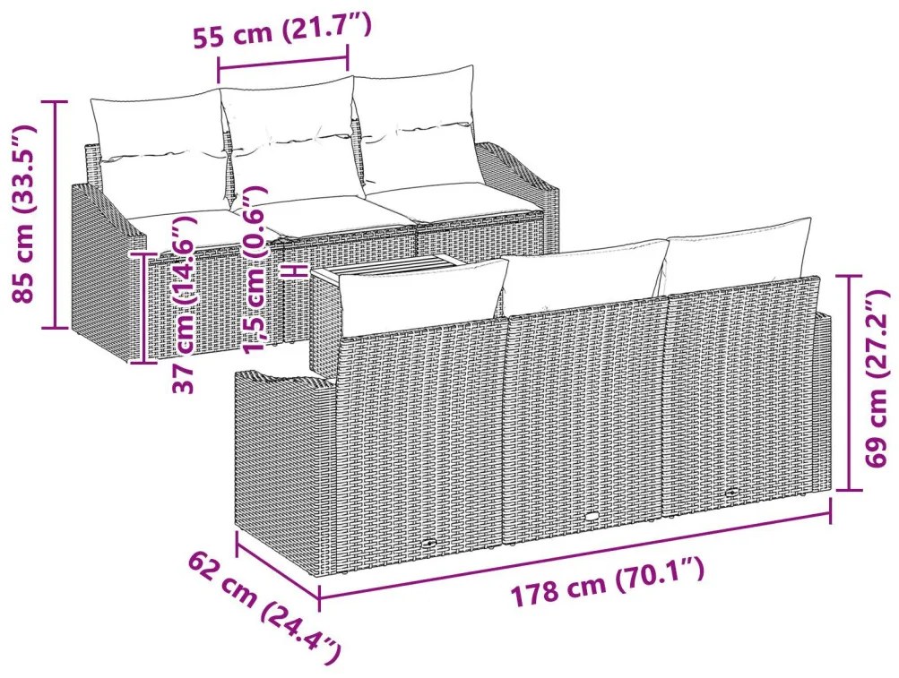 7 Részes Kerti Kanapé Szett Párnákkal Fekete Poly Rattan Akác