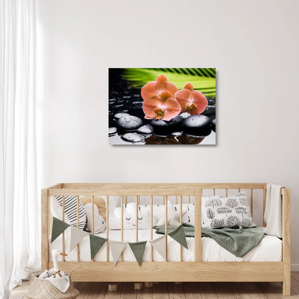 Üveg kép - Narancssárga orchidea pálmalevelekkel (70x50 cm)