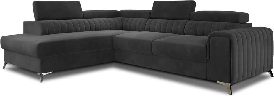 Sötétszürke bársony kinyitható-tárolóhelyes sarokkanapé (bal oldali-L alakú) Laurence – ELTAP
