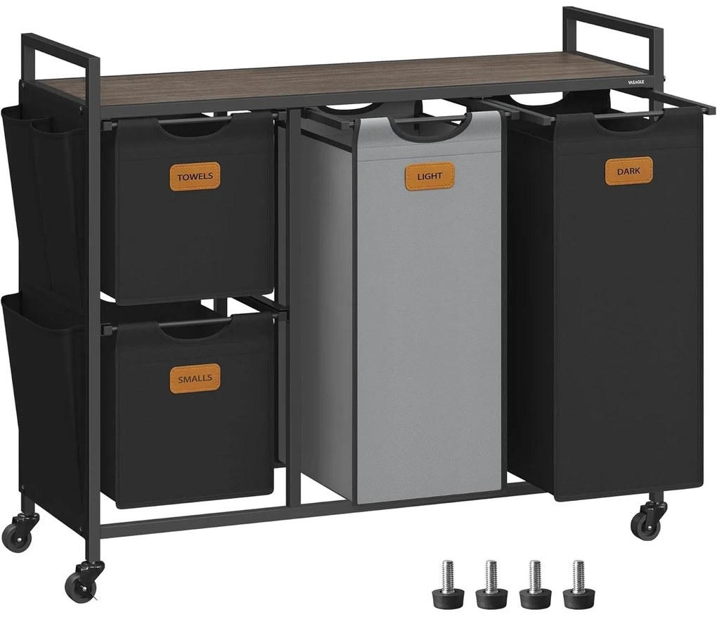 Szennyeskosár 4 rekesszel, 150 l-es ruhaválogató, fekete-szürke