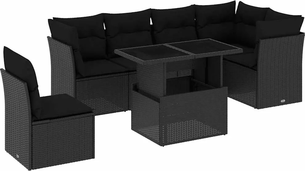 vidaXL 7 részes fekete polyrattan kerti ülőgarnitúra párnával