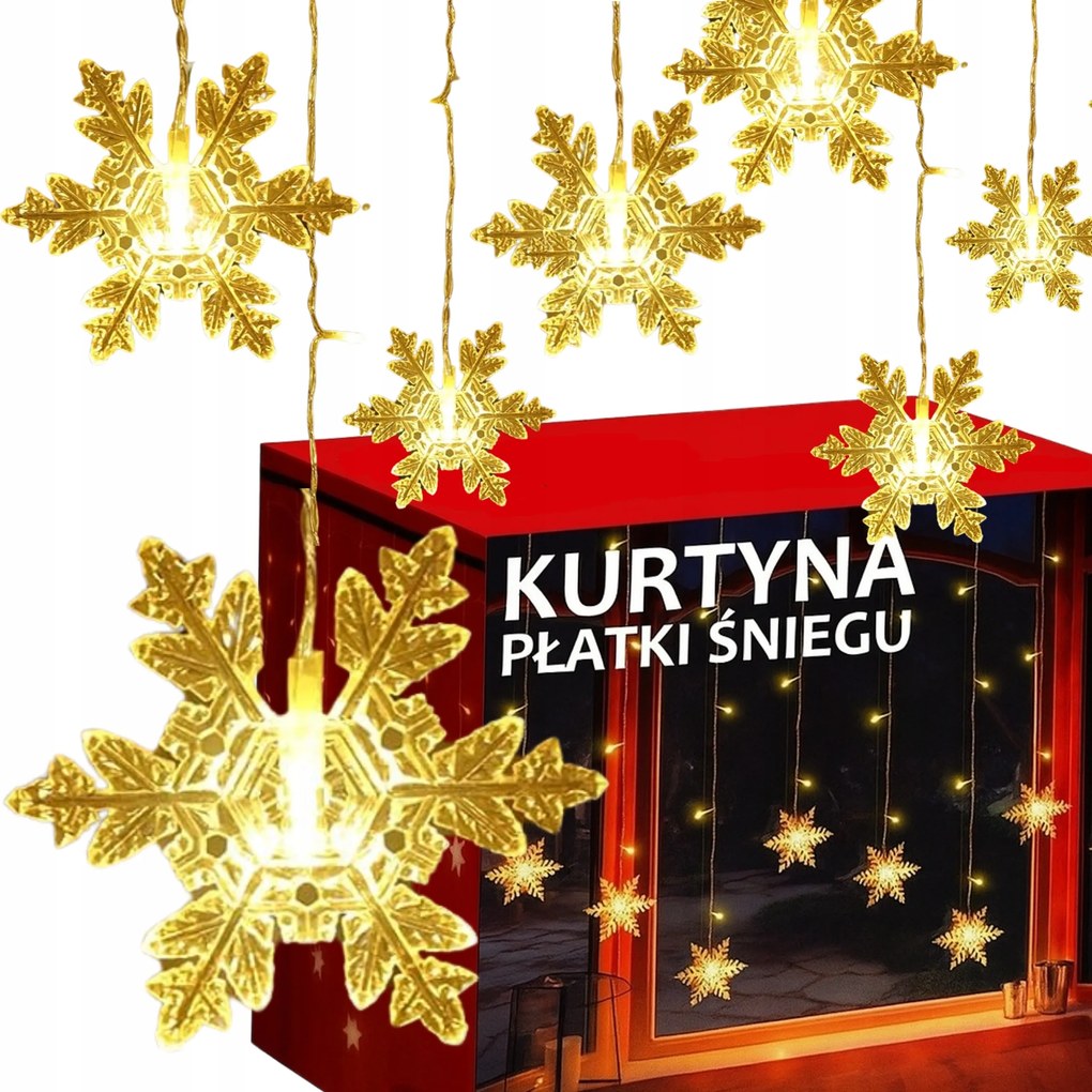 Lámpák 3m 96 Led Ablak Fényfüggöny Karácsonyi Hópelyhek Meleg