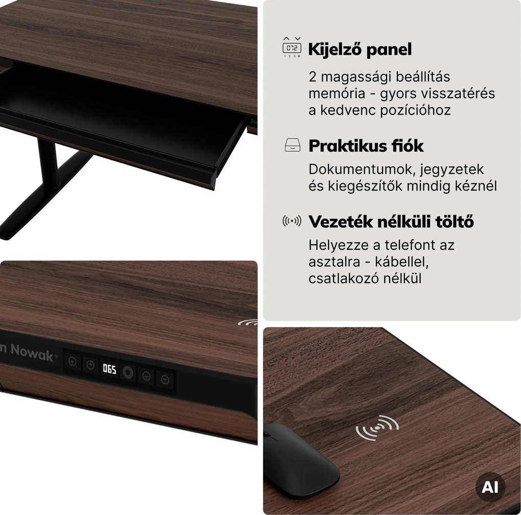 Elektromos ülő-álló íróasztal fiókkal és Qi vezeték nélküli töltővel fekete/dió, 1400 mm: ELLIS