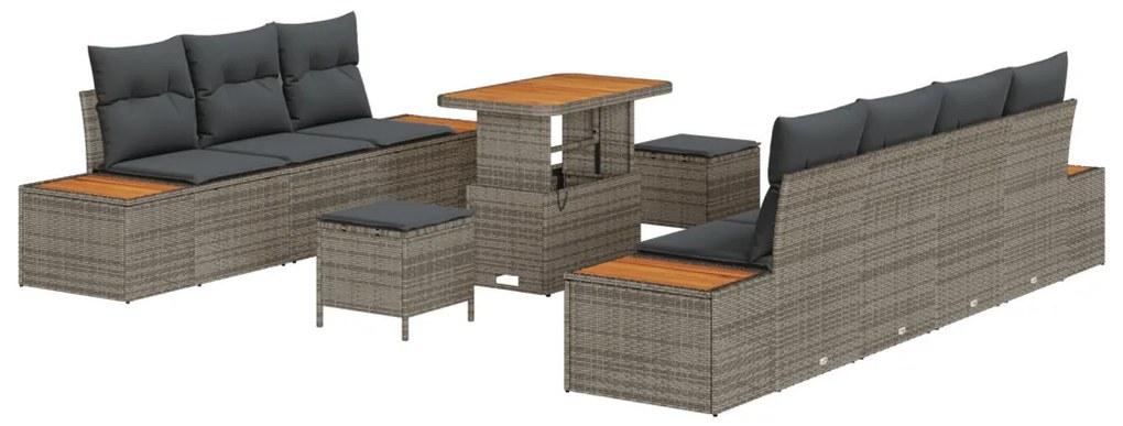 10 darabos kerti kanapé szett párnákkal Szürke Poly Rattan Akác, 3 darabos kerti étkező szett párnákkal Szürke Poly Rattan Akác