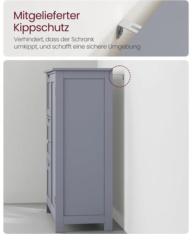 Fürdőszobai szekrény, komód, 3 fiókkal, Állítható polc, 30 x 60 x 81 cm, szürke