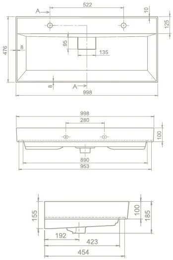 TMP LUX 100D fali fürdőszobabútor - CeraStyle SHARP 37600 DUPLA csaplyukas mosdóval - 100 x 48 cm