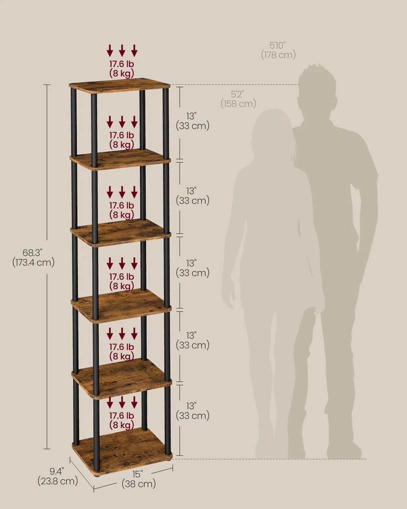 Szerszám nélküli, gyorsan összeszerelhető, 6 polcos tárolószekrény, barna/fekete