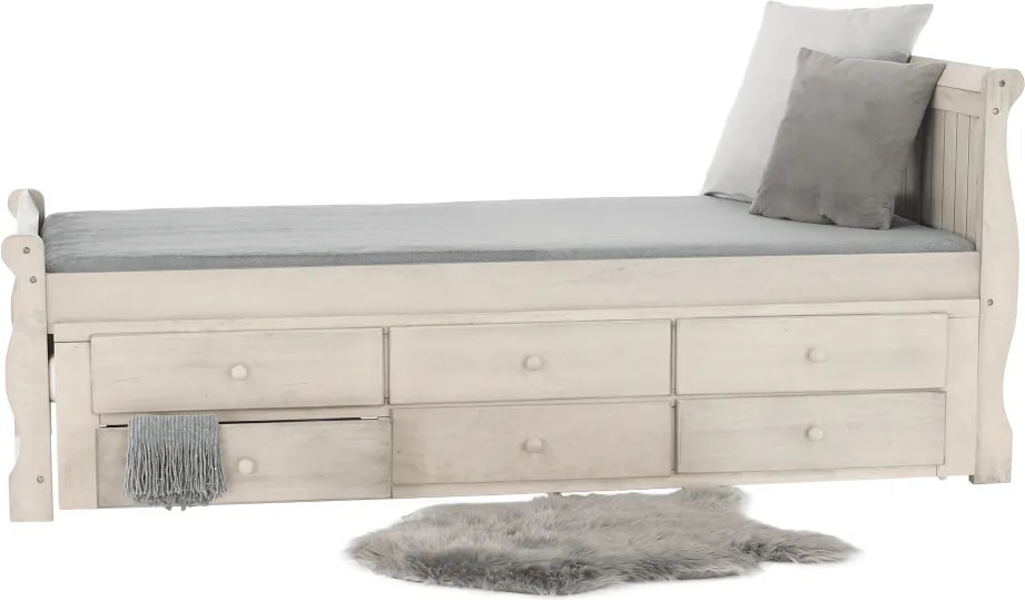 Ágy pótággyal, antik fehér, 90x200, ANTIKO