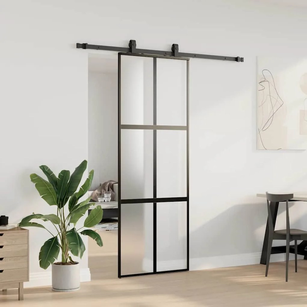 Fekete edzett üveg tolóajtó fémszerelék szettel 76x205 cm